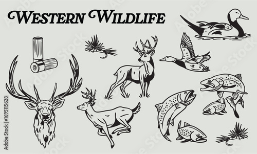 Western American Wildlife Illustration – Rustic Hand-Drawn Animals in Cowboy and Frontier Style
