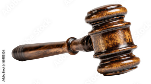 Close-up of a wooden gavel, angled, with a rich, dark brown finish.  The wood grain is visible