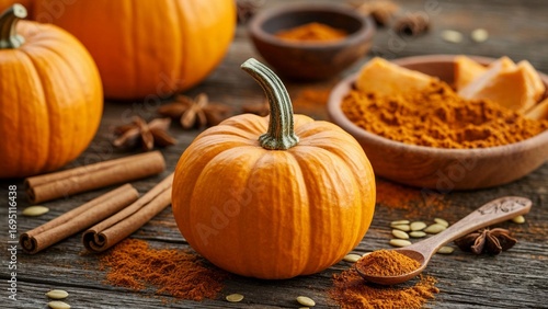 Pumpkins, spices, and autumn flavors on a rustic table.