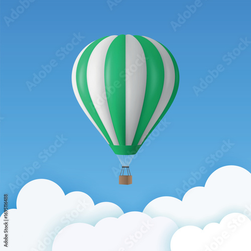 Vector Travel Banner with 3d Realistic Hot Air Balloon Icon on a Blue Sky Background. Design Template, Summer Vacation, Travelling, Tourism and Journey Concept