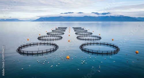 Fish farm aquaculture cages in the sea under a cloudy sky, representing sustainable food production