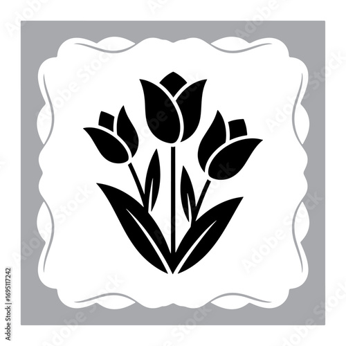 Elegant Rose Floral Emblem Three Tulip Blooms in Full Silhouette within Gray Fanciful Border Design