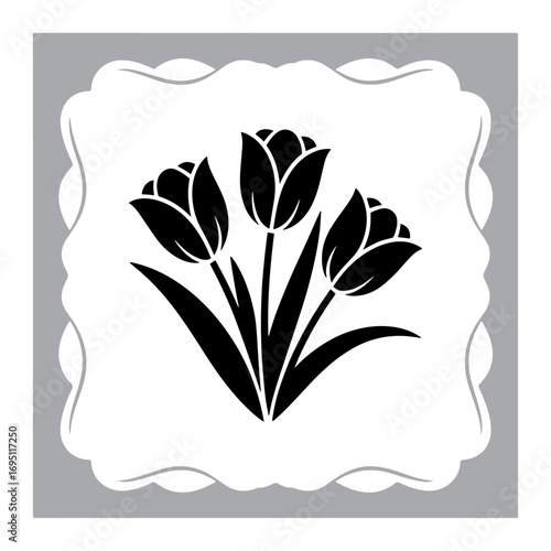 Elegant Rose Floral Emblem Three Tulip Blooms in Full Silhouette within Gray Fanciful Border Design