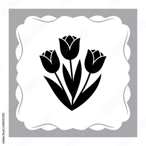 Elegant Rose Floral Emblem Three Tulip Blooms in Full Silhouette within Gray Fanciful Border Design
