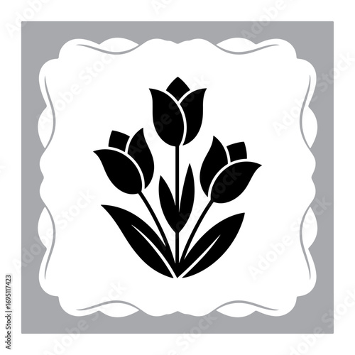 Elegant Rose Floral Emblem Three Tulip Blooms in Full Silhouette within Gray Fanciful Border Design