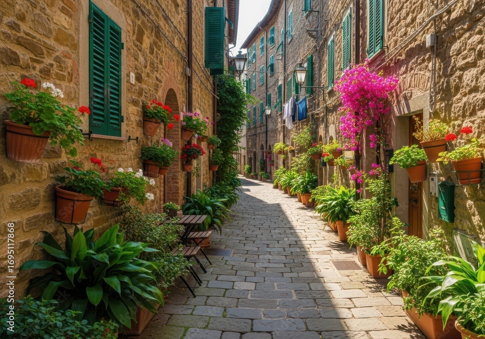 Naklejka premium Narrow cobblestone alley in an italian village lined with potted plants and flowers