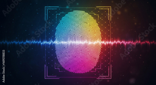 Colorful fingerprint with digital wave and frame, representing biometric security and advanced technology