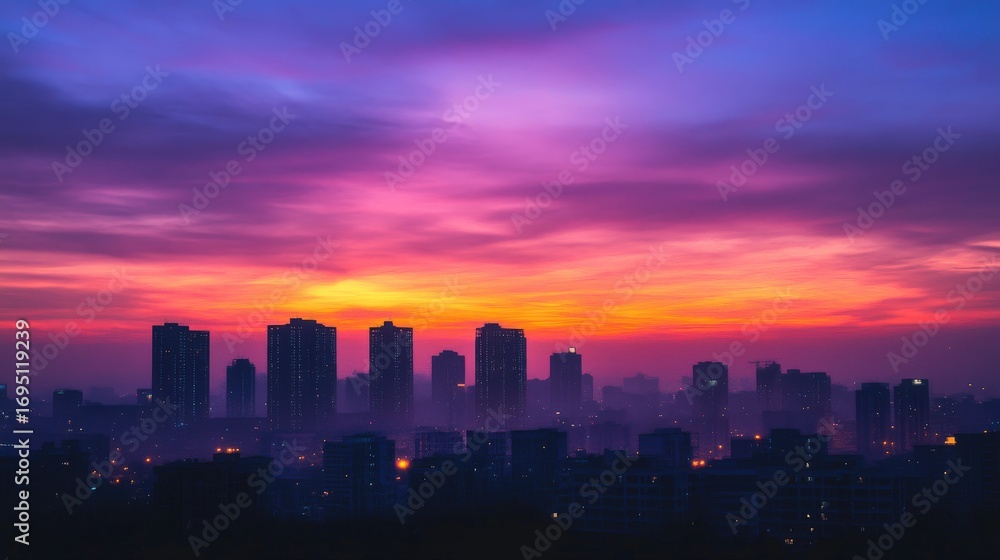 Fototapeta premium City skyline at vibrant sunset.