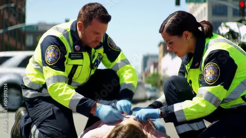 Emergency medical responders administering first aid to an injured person lying on urban street during a daytime accident. concept of emergency care, teamwork, first responder action.