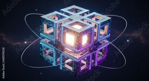 Futuristic cube structure with glowing core and orbiting rings creates a sense of advanced technology and cosmic energy