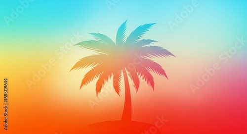 Silhouette of a palm tree against a vibrant gradient background of blue, yellow, orange, and red tropical summer vibe