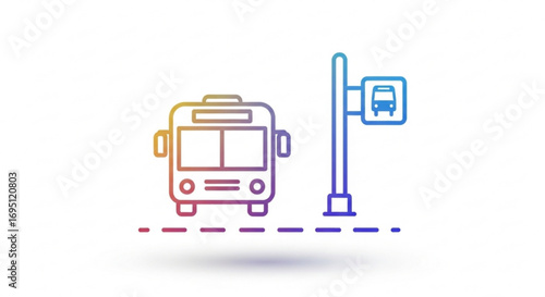 A bus stop icon with a bus and a bus stop sign in gradient colors
