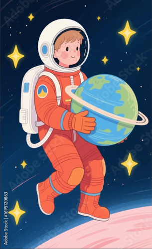 A flat surreal illustration of a boy in a spacesuit who flies in outer space and holds a planet in his hands. Vector graphics. EPS.