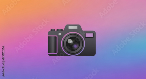 A black camera with pink accents stands out against a vibrant gradient background, creating a modern and eye catching design