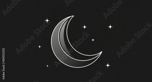 A crescent moon and stars shine brightly against a dark background, creating a serene and celestial illustration