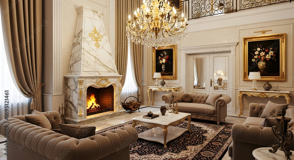 Fototapeta premium Lavish Interior Depicting Luxurious Living Room with Fireplace and Elegant Decor