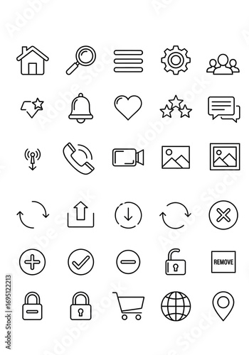 UI icons set featuring buttons, sliders, checkboxes, dropdown menus, search bar, notification bell, settings gear, user profile, chat bubble, and progress bar, flat vector illustrations for web and ap