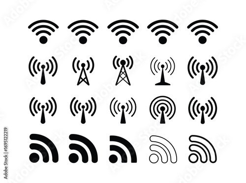 Black Vector Icons of WiFi Signals and Radio Towers – Set of Wireless Communication and Connectivity Symbols