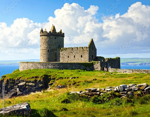 Coastal castle ruins under a bright sky