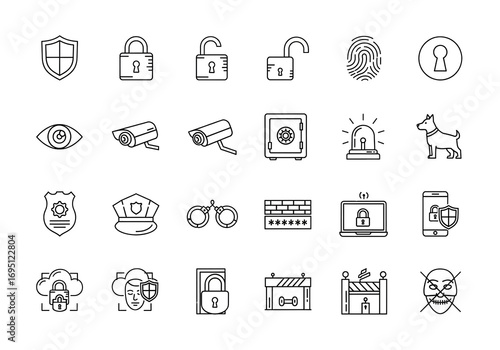 Security icons set featuring shield, padlock, fingerprint, CCTV camera, key, password, firewall, safe box, alarm system, and cyber protection flat vector illustrations for safety and privacy themes