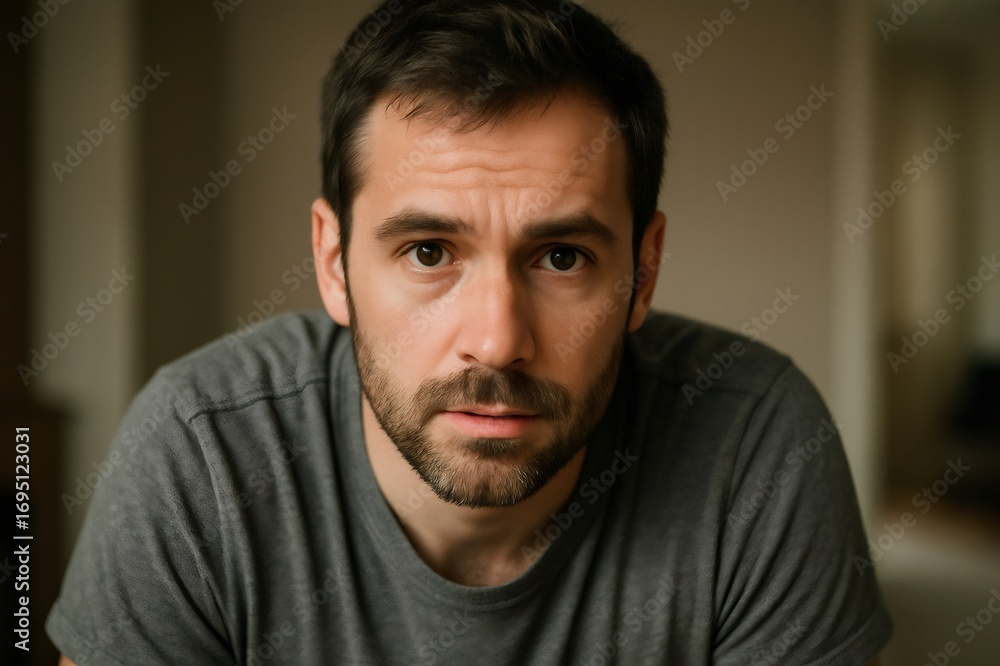 Obraz premium Portrait of a focused man with short brown hair and a beard, leaning forward and making eye contact