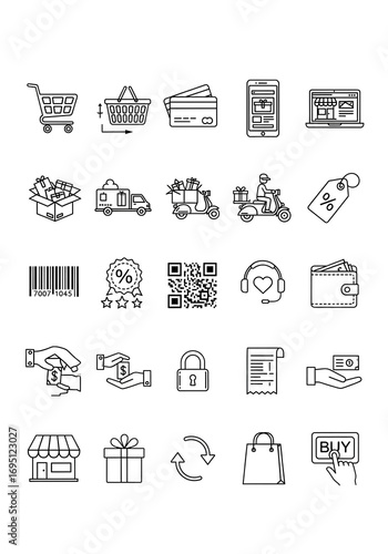 Online shopping icons set featuring e-commerce symbols, digital cart, mobile payments, delivery truck, store bag, product search, and secure checkout, modern flat vector illustrations