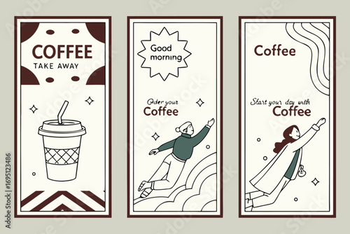 Three minimalist coffee themed vertical banners with line art illustrations and text take away good morning