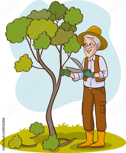vector illustration of gardener pruning a tree