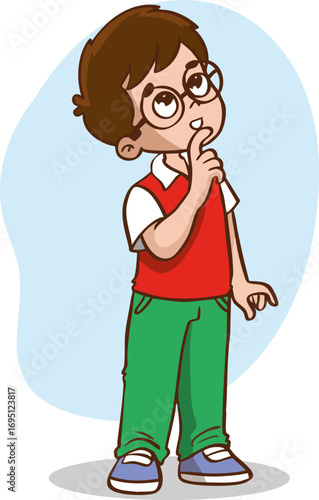 Cartoon kid thinking pose, vector illustration of thinking child with confused expression, education concept