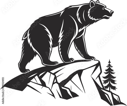 Stylized Bear Silhouette in Bold Black Flat Vector, Modern Black Bear Outline Flat Illustration, Bold Wildlife Animal Silhouette Bear Vector, Minimal Flat Black Bear Shape Illustration