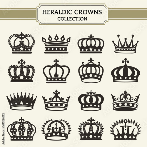 Collection of 60 unique heraldic crowns in black silhouette on a cream background royal monarchy symbol