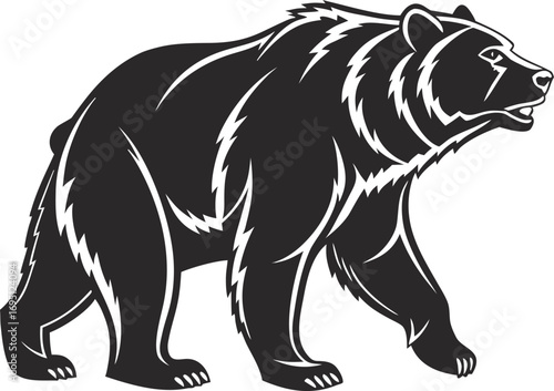 Stylized Bear Silhouette in Bold Black Flat Vector, Modern Black Bear Outline Flat Illustration, Bold Wildlife Animal Silhouette Bear Vector, Minimal Flat Black Bear Shape Illustration