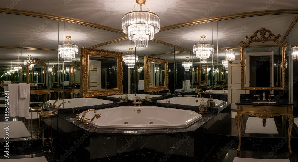 Fototapeta premium Luxurious Bathroom Design: An Extravagant Composition with Mirrors, Chandeliers, and a Jacuzzi