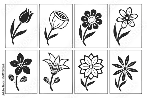 Eight distinct black and white floral illustrations on white background flower