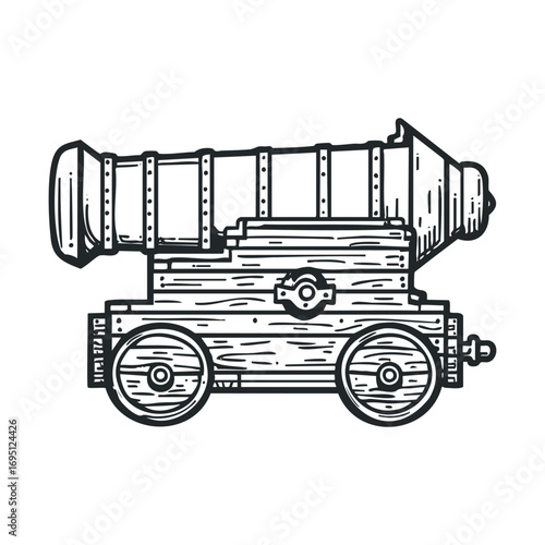 Vintage wooden cannon design for historical themes and decorations. Vector hand drawn illustration