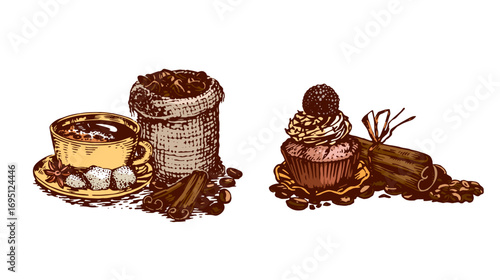 Coffee cup with sugar cubes, roasted beans in sack, cinnamon sticks, and cupcake dessert illustration. Drawing engraving illustration