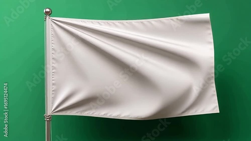 A blank white flag flutters on a flagpole against a vibrant green background, ready for customization.