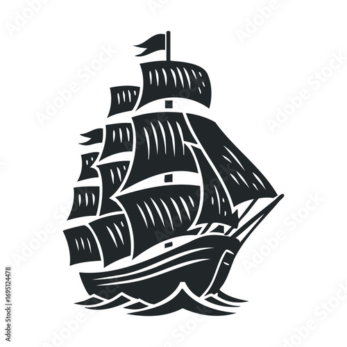 Classic sailing ship with billowing sails on the ocean waves. Vector outline illustration