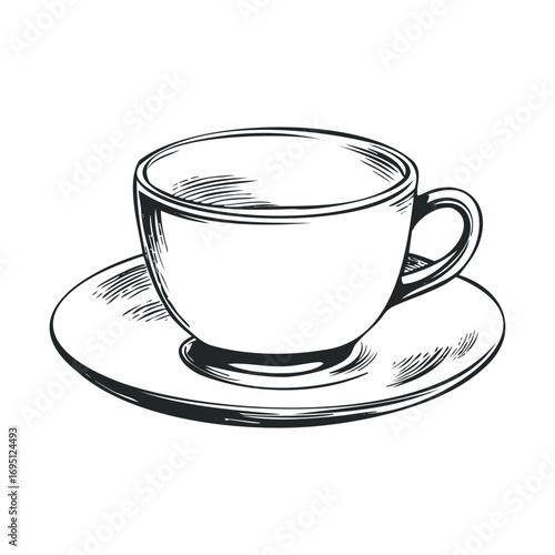 Elegant empty coffee cup on saucer for cafe design projects. Vector hand drawn illustration