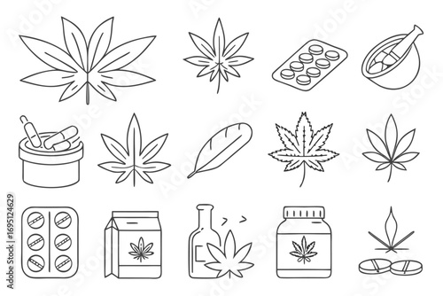 Collection of minimalist line art icons representing cannabis leaves pills and medical products cannabis leaf