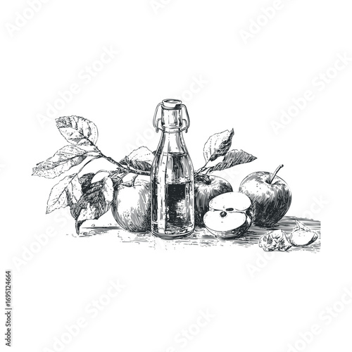 Fresh apple juice in a bottle surrounded by ripe apples and leaves. Vector hand drawn illustration
