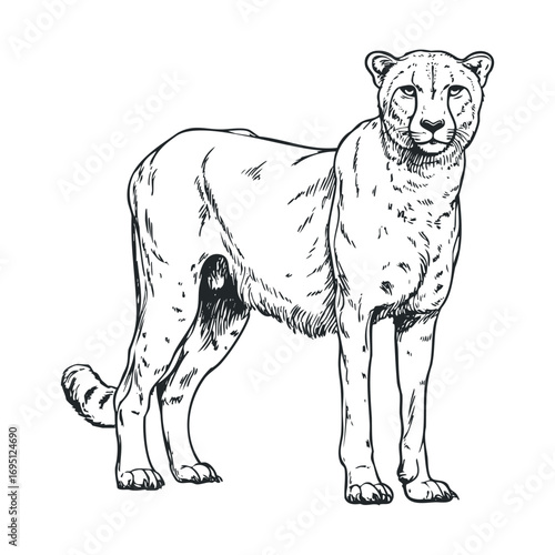 Majestic lioness looking confidently at the viewer in natural pose. Vector hand drawn illustration