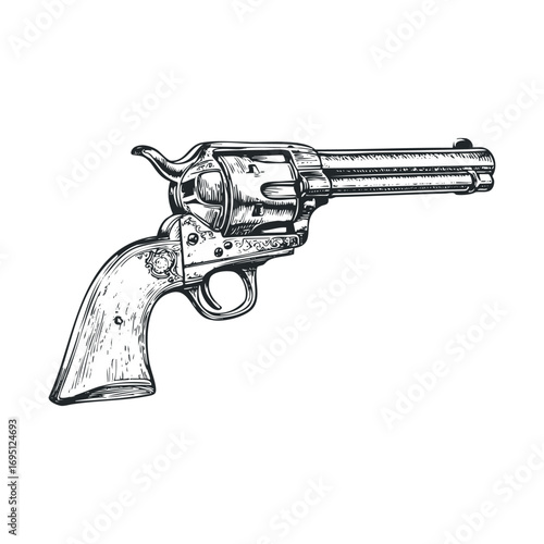 Western style revolver design for art, print, or decor projects. Vector hand drawn illustration