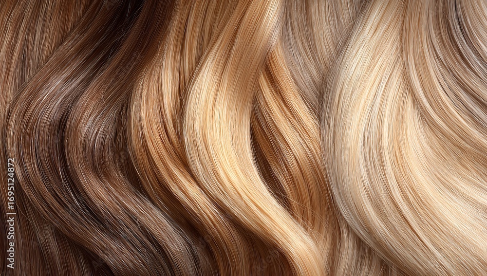 Naklejka premium Beautiful hair strands in warm browns, creamy whites, and pastel pinks, capturing diverse natural colors