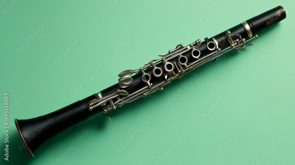 Naklejka premium clarinet black woodwind instrument with green background