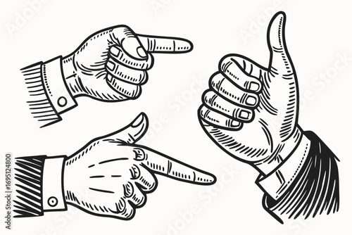 Vintage black and white illustration of three hands gesturing pointing and thumbs up gesture thumb up