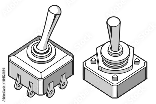 Two isometric toggle switches with silver levers and grey bases on white background electrical component