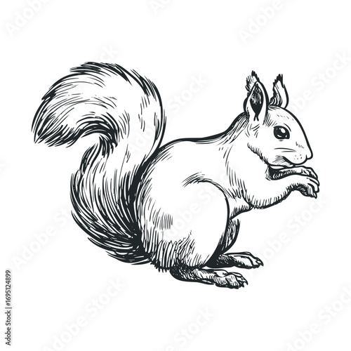 Squirrel sitting on its hind legs with a bushy tail for design. Vector hand drawn illustration