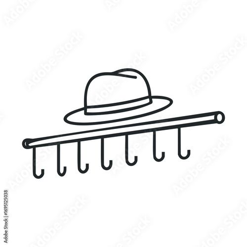 Hat resting on a wall rack with hooks for storage and organization. Vector outline illustration