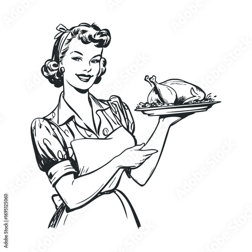 Classic woman serving roasted chicken on a platter for dinner. Vector hand drawn illustration